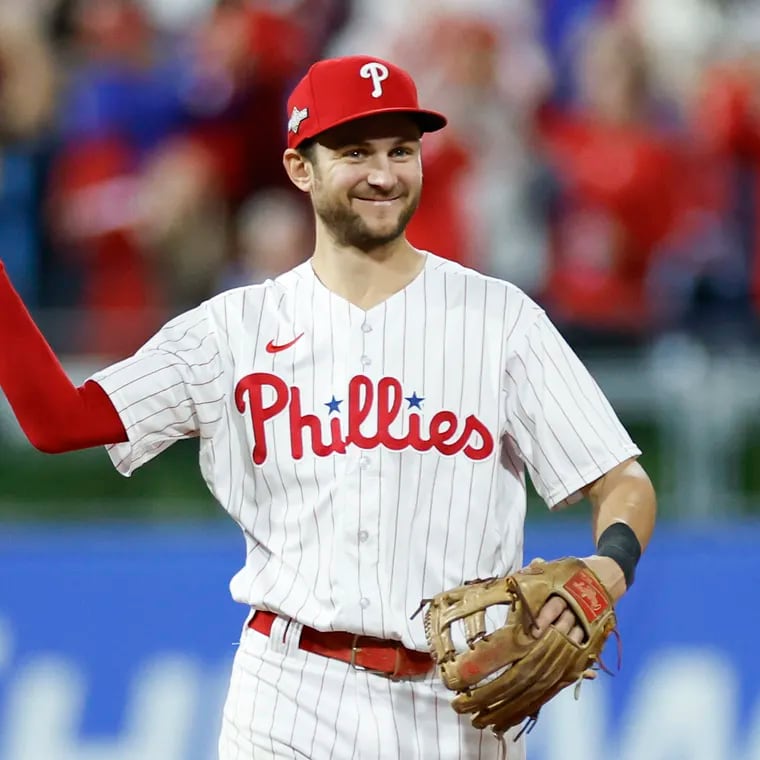 Phillies shortstop Trea Turner smiles after the Phillies beat the Atlanta Braves in Game 3 of a National League Division Series baseball game Oct. 11, 2023.