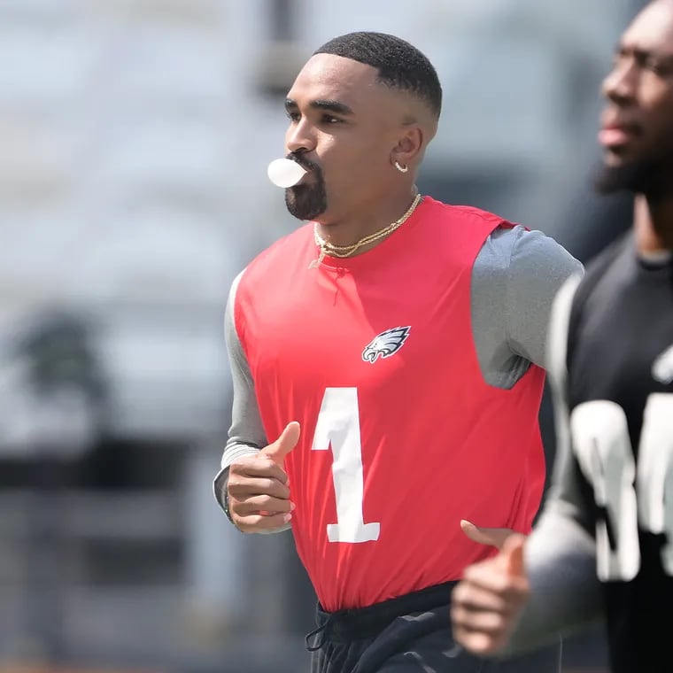 Eagles quarterback Jalen Hurts, left, practices on Thursday, Sept. 5, 2024 ahead of the game against the Green Bay Packers at the Corinthians Arena in São Paulo, Brazil.