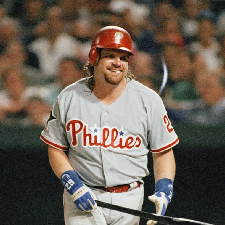 Philadelphia Phillies John Kruk laughs after striking out in the third inning of the 1993 MLB All-Star game.