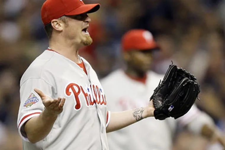 Brett Myers argues a call during the second inning of Game 2 of the World Series against the Tampa Bay Rays on Thursday. (AP Photo / David J. Phillip)