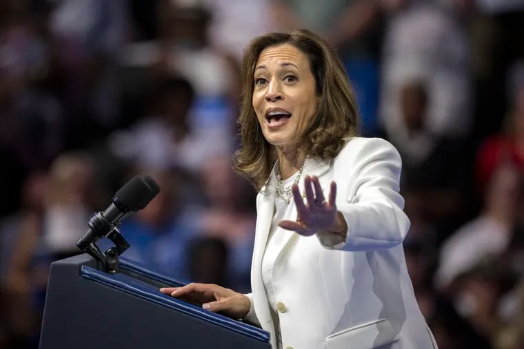 Democratic presidential nominee Vice President Kamala Harris speaks at a campaign rally Thursday in Savannah, Ga.