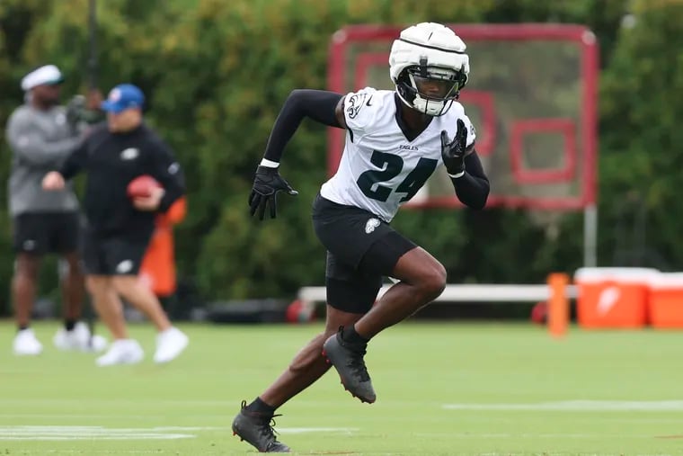 Philadelphia Eagles cornerback James Bradberry IV runs drills during the first day of Eagles Training Camp at the Novacare Complex in South Philadelphia on Wednesday, July 24, 2024.