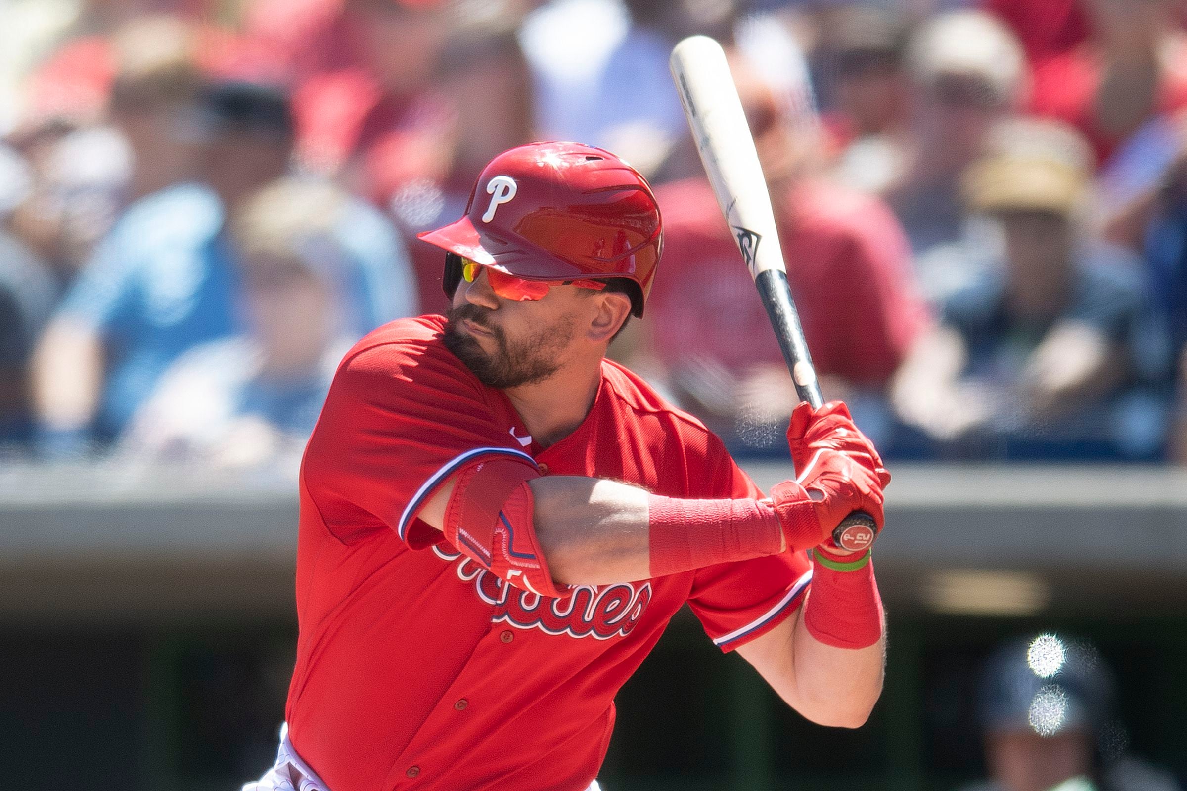 March 22, 2023; St. Petersburg, FL USA; Philadelphia Phillies infielder Scott  Kingery (4) doubles during an MLB spring training game against the Tampa  Stock Photo - Alamy