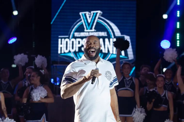 Villanova men's basketball coach Kyle Neptune greets the crowd at Hoops Mania last year. He'll do it again, but much earlier this year, with the annual hoops pep rally scheduled for Sept. 20.