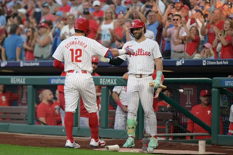 Kyle Schwarber  is congratulated by Bryce Harper (right) after his record breaking 14th leadoff home run this season in the first inning.