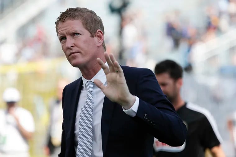 Union Head Coach Jim Curtin waves to fans before the Union played Orlando City on Sunday, July 7, 2019 in Chester, Pa.