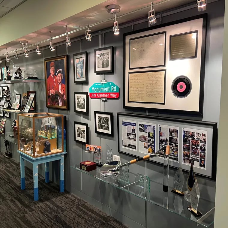 The sheet music for the 6ABC Action News theme hangs on the TV station history wall, which is adorned with other prized artifacts.