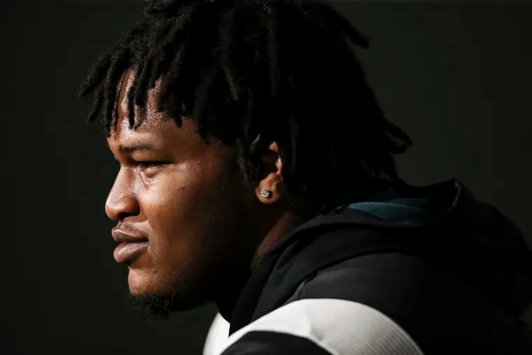 Eagles’ defensive tackle Jalen Carter speaks to the media ahead of an Eagles rookie mini camp at the NovaCare Complex in Philadelphia.