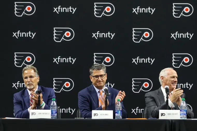 From left, the team that is tasked with turning around the Flyers along with team GM Danny Briere: coach John Tortorella, president Keith Jones, and team governor Dan Hilferty in May 2023.