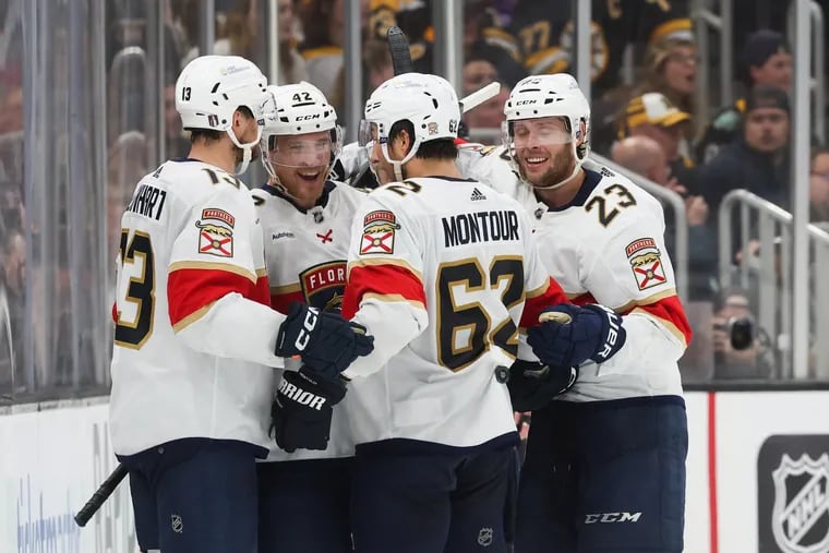 Gustav Forsling #42 of the Florida Panthers celebrates his goal against the Boston Bruins with 1:33 remaining in the third period with teammates Brandon Montour #62, Sam Reinhart #13, Carter Verhaeghe #23 and Anton Lundell #15 in Game Six of the Second Round of the 2024 Stanley Cup Playoffs at the TD Garden on May 17, 2024 in Boston, Massachusetts. The Panthers won 2-1 to advance to the Eastern Conference final. (Photo by Richard T Gagnon/Getty Images)