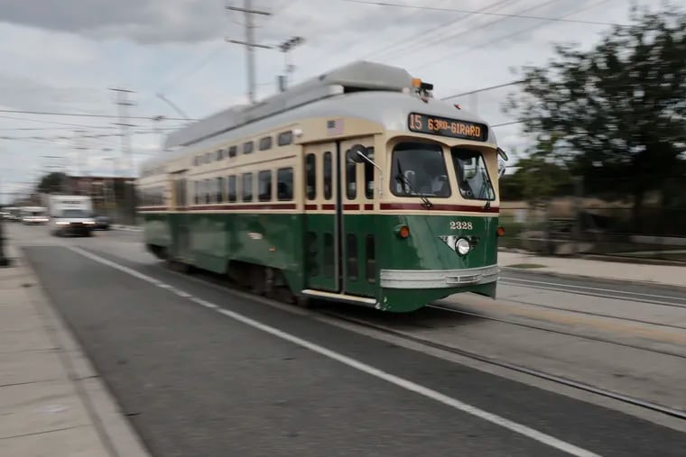 A SEPTA green and cream Presidents’ Conference Committee (PCC) Trolley on Richmond Street in Philadelphia in July.