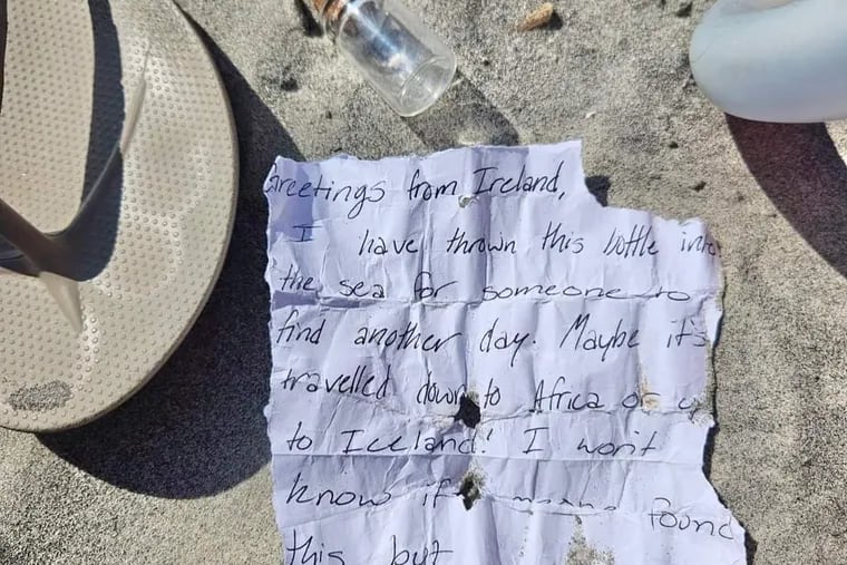 The bottle and the note written by Aoife Byrne of Bray, Ireland, and found by the Bolger family on a North Wildwood beach in mid-August.