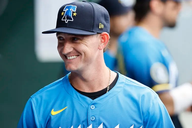 New Phillies’ outfielder Austin Hays smiles before the Phillies play the Cleveland Guardians on Friday.