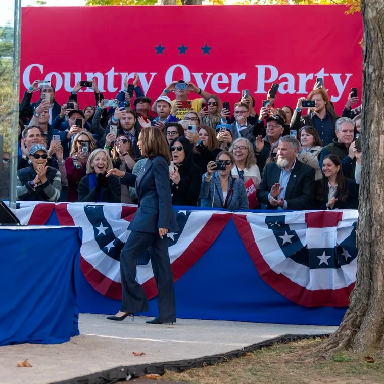 Vice President Kamala Harris arrives at a Republicans for Harris event in Washington Crossing Wednesday. Oct. 16, 2024