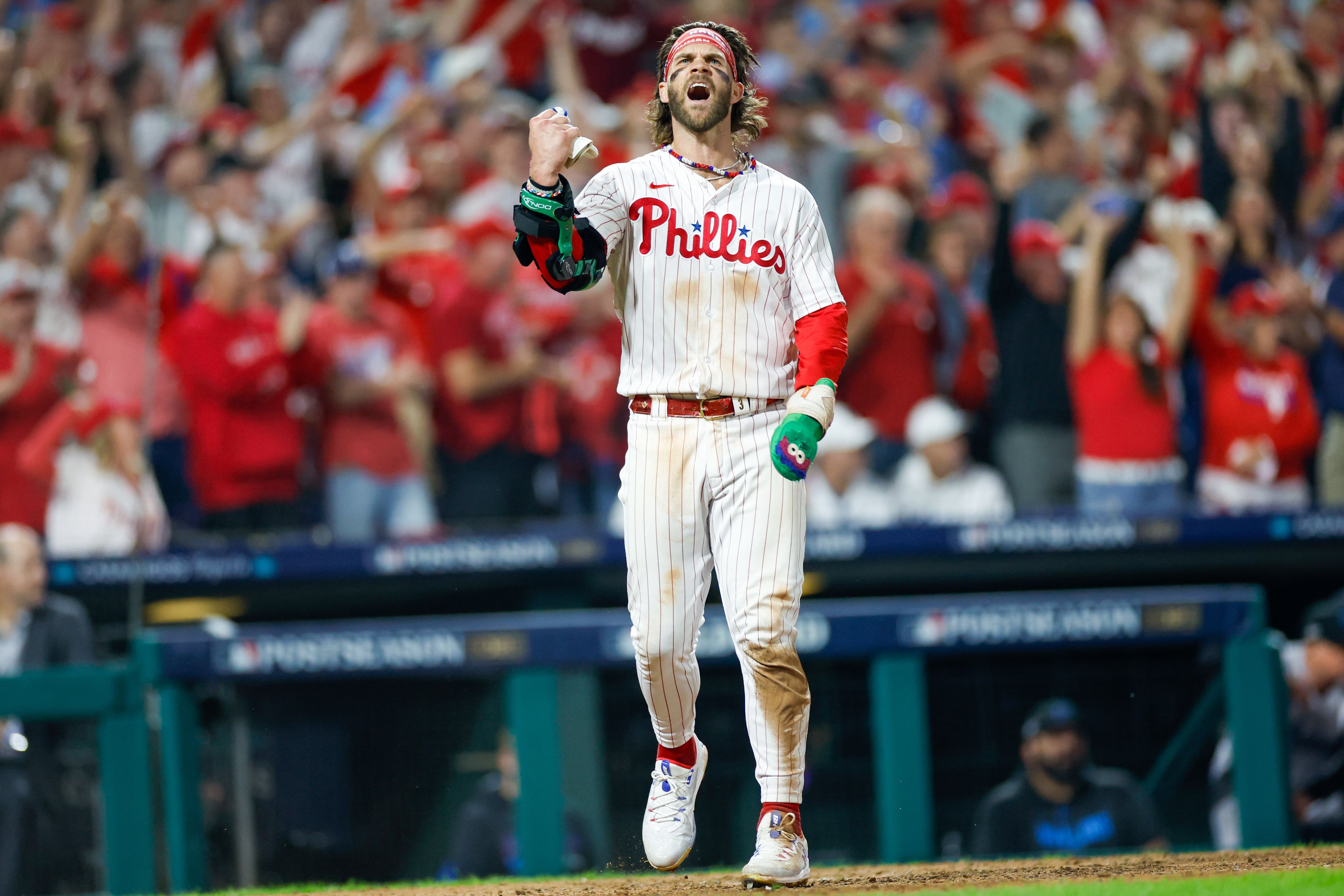 PHILADELPHIA, PA - SEPTEMBER 27: Philadelphia Phillies Outfield Bryce Harper  (3) squats frustrated at first base after being tagged out during the Miami  Marlins game versus the Philadelphia Phillies on September 27
