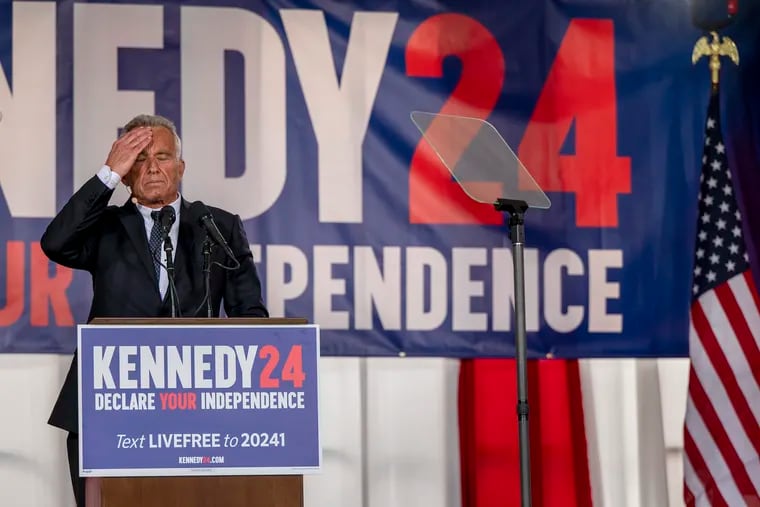 Robert F. Kennedy Jr. pauses during his speech after announcing he's running for president as an independent Oct. 9, 2023, speaking in front of the National Constitution Center on Independence Mall. He is ending his bid for the Democratic nomination and will launch an independent party run for the presidency in 2024.