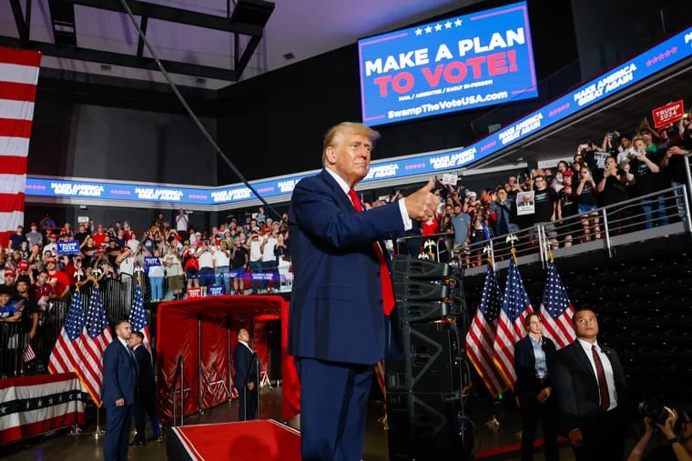 Former President Donald Trump wraps up a campaign rally in June at the Liacouras Center at Temple University. It was the first and only campaign rally he held in the city of Philadelphia.