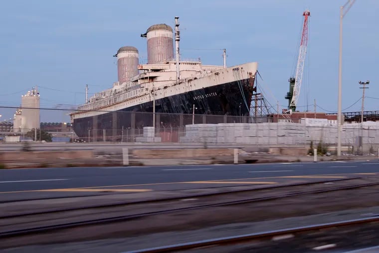 The SS United States at Pier 82, along the Delaware River, in Philadelphia.