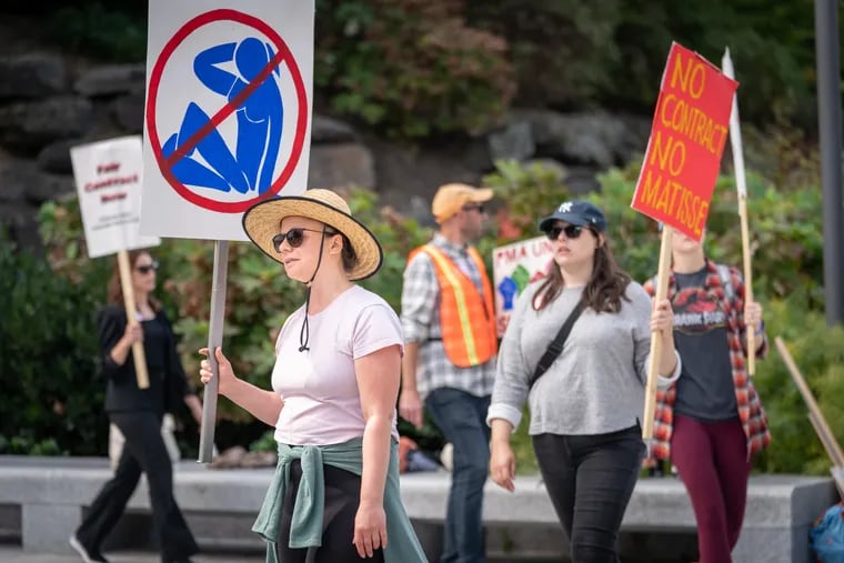 Jessica Donnelly, front left, walks the picket line with other union members outside the art museum on the day of the press preview for the Matisse show at the Philadelphia Museum of Art, on Wednesday.