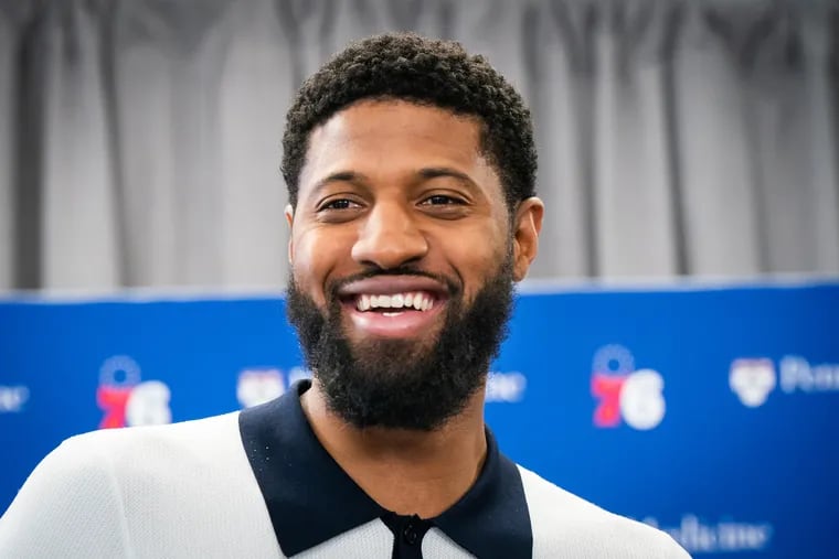 Paul George during his introductory press conference last month. He'll return home to face the Clippers early in the 2024-25 season.