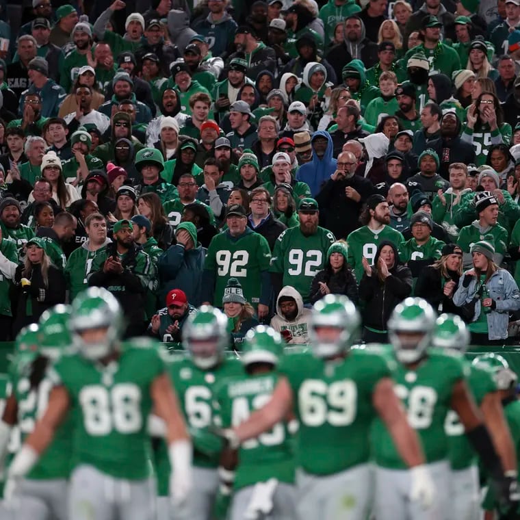 Eagles fans and players wear Kelly Green during the game against the Miami Dolphins at Lincoln Financial Field on Sunday, Oct. 22, 2023, in Philadelphia , PA.
