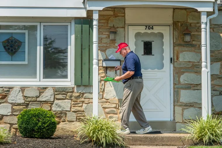 Joe Rooney, a Republican candidate for state representative, campaigns door-to-door in his district in Abington last week. Republicans are hoping to stem their losses in the suburbs in November, and gain some ground.