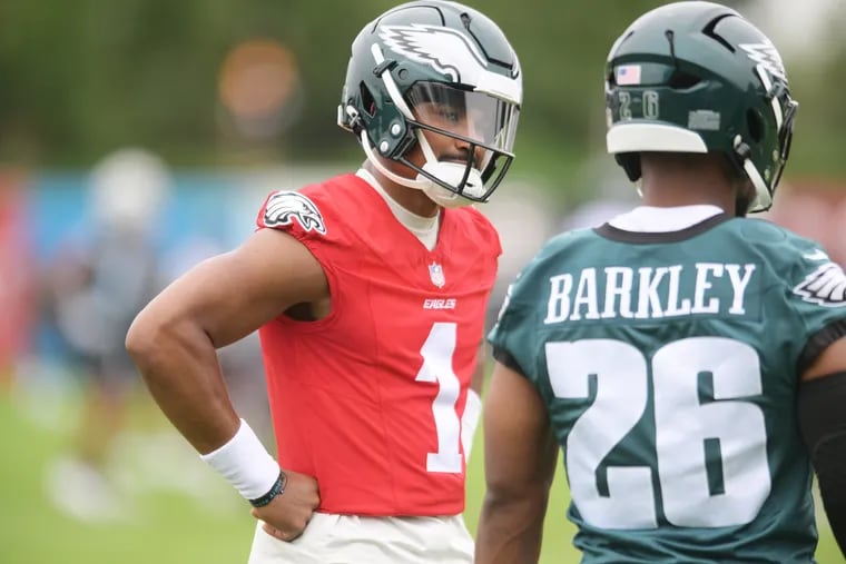 Jalen Hurts (left) and Saquon Barkley broke off some impressive runs during the Eagles' second training camp practice.