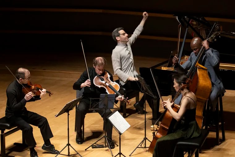 Pianist Jonathan Biss performing Schubert's Quintet in A Major, D. 667, “Trout,” with the Brentano Quartet at the Perelman Theater, May 12, 2024.