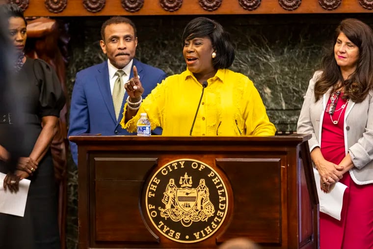 Mayor Cherelle L. Parker, speaks during a press conference announcing the launch of the year-round opportunities this fall at a number of Philadelphia Schools on Thursday.