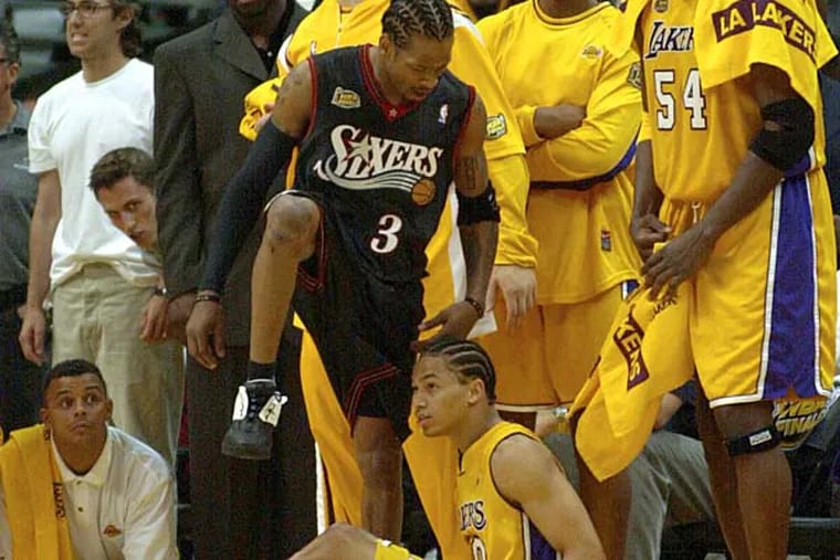 In the most memorable moment of a memorable Sixers season, Allen Iverson steps over Lakers guard Tyronn Lue in Game 1 of the 2001 NBA Finals.