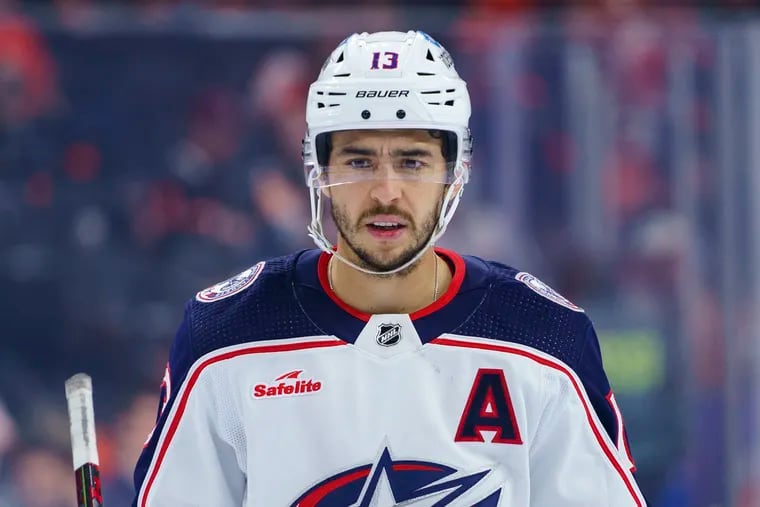 Columbus Blue Jackets' Johnny Gaudreau looks on during an NHL hockey game against the Philadelphia Flyers in April 2023.