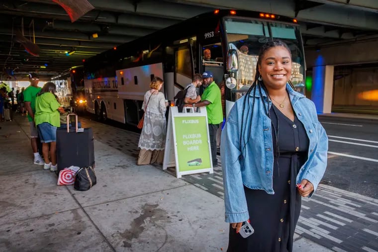 Savannah Roberts is a super commuter who travels from Philadelphia to New York twice a week. Here she is shown about to hop on a bus along Spring Garden Street on Aug. 1.