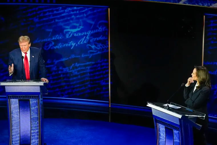 Republican presidential nominee former President Donald Trump and Democratic presidential nominee Vice President Kamala Harris participate during an ABC News presidential debate at the National Constitution Center in Philadelphia Tuesday.