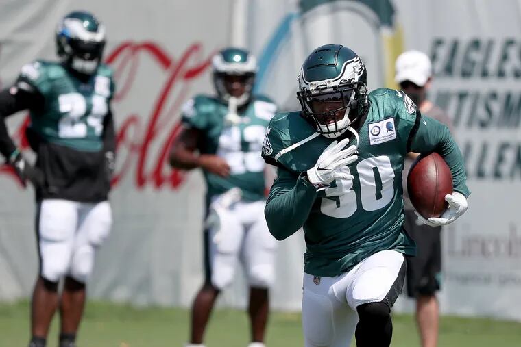 Eagles running back Corey Clement runs during a drill in a joint practice between the Eagles and the Baltimore Ravens on Monday.