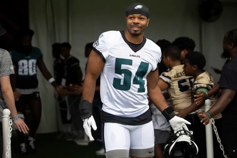 Rookie linebacker Jeremiah Trotter Jr. taking the field during the first day of Eagles training camp in July.