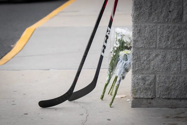 A memorial for Johnny Gaudreau at the Hollydell Ice Arena on Friday.