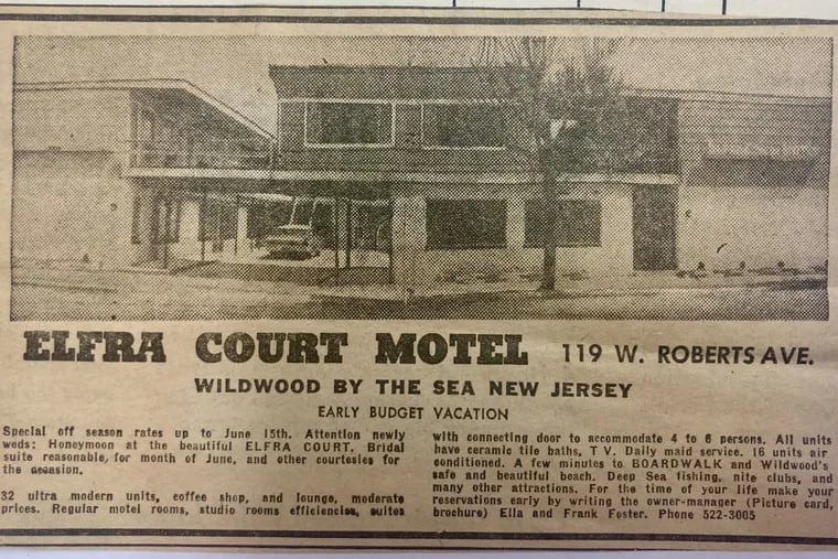 An old newspaper clipping for the Elfra Court Motel at 119 West Roberts Ave. , which was operated by Ella and Frank Foster between 1950 to 1975 as Wildwood's first Black motel, where Black visitors and entertainers, unwelcome at other motels, stayed. Bruce Harris, their grandson, is writing a book on the motel and that era in New Jersey, and arranged for a historical plaque to be erected outside.