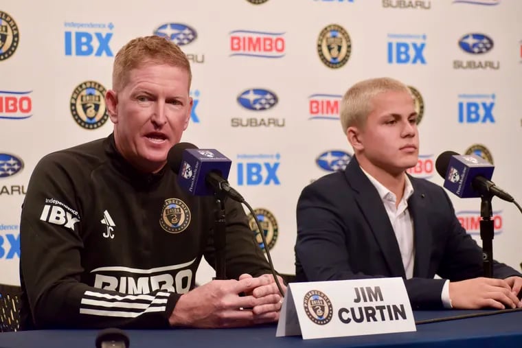Cavan Sullivan (right) is the latest young Union phenom whom Jim Curtin (left) has coached, a lineage that includes Brenden and Paxten Aaronson.