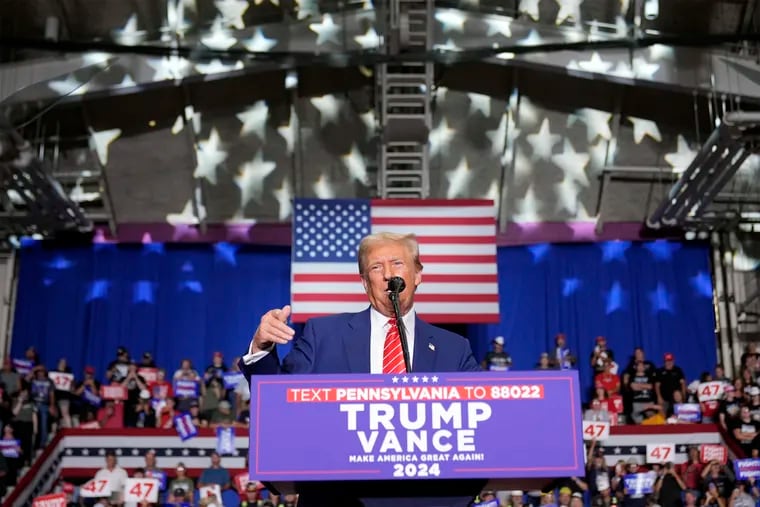 Former President Donald Trump, the Republican nominee, speaks at a campaign event, Friday, Aug. 30, 2024, in Johnstown, Pa.