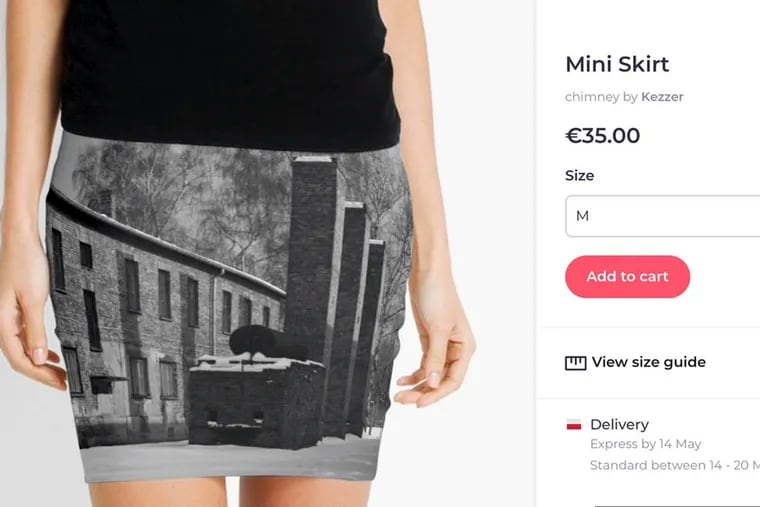 A screen grab made Wednesday May 8, 2019 from the site of an online vendor showing an Auschwitz themed product for sale. Museum authorities at the Auschwitz-Birkenau former Nazi German death camp in Poland have protested to an online vendor that was selling miniskirts, pillows and other items bearing photos of the camp, where some 1.1 million people were killed during World War II. (Photo via AP)