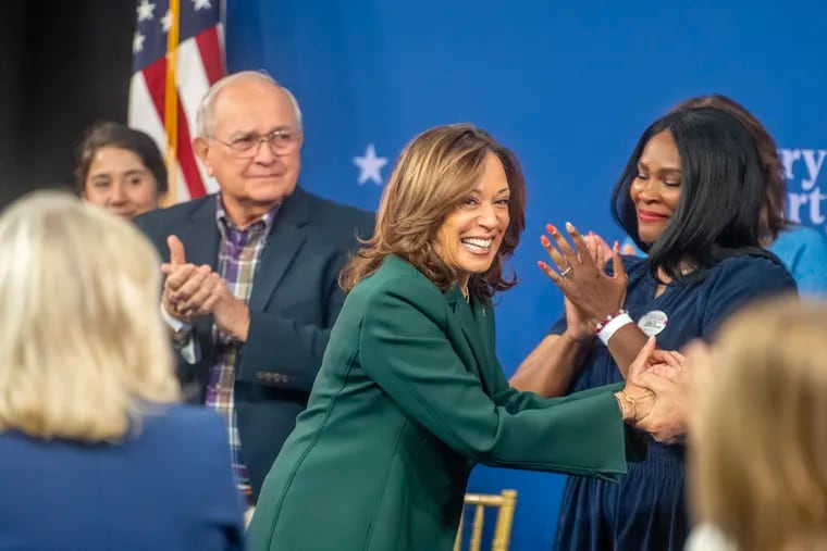 Vice President Kamala Harris arrives onstage at a campaign event in Malvern Monday.