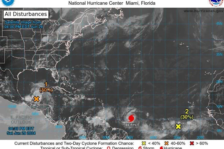 Satellite images depict Beryl and two other potential tropical cyclones in the Atlantic Basin.