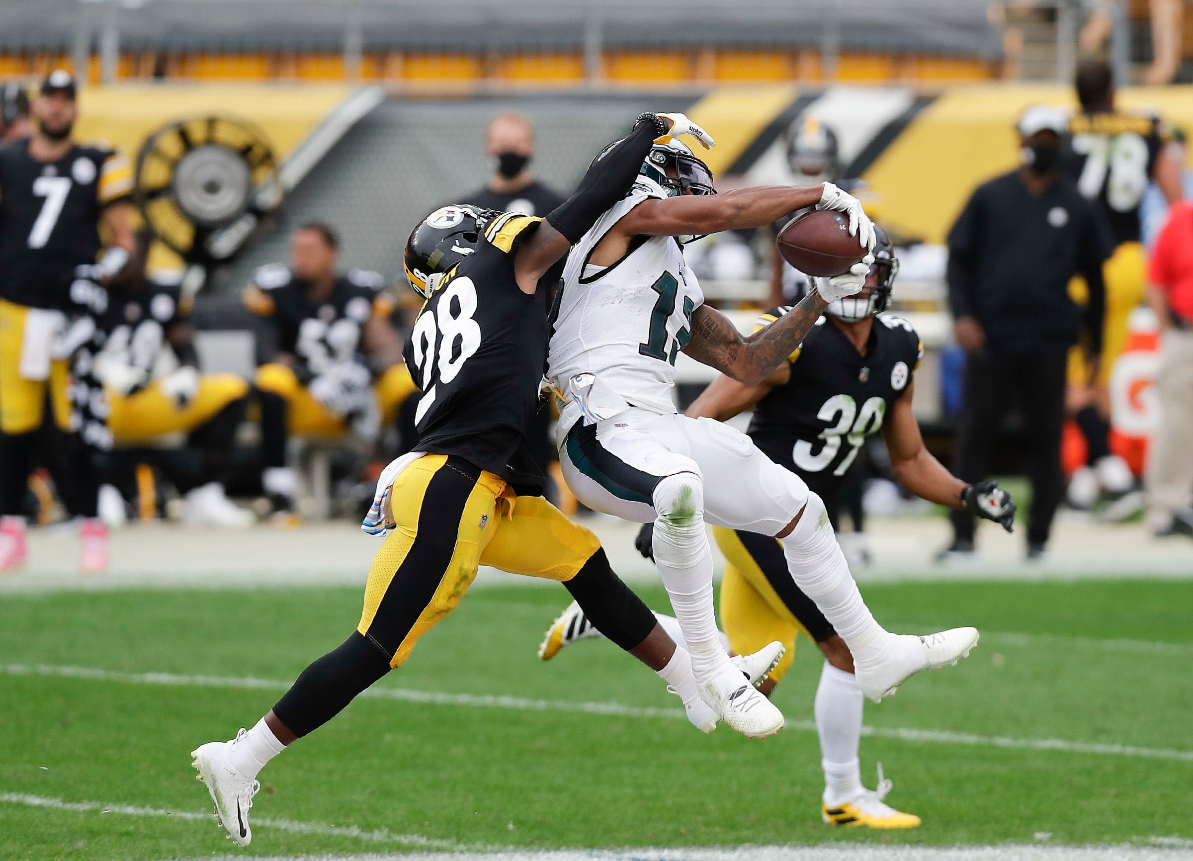 Philadelphia Eagles wide receiver Travis Fulgham (13) reacts after a 4-yard  touchdown reception during an NFL football game against the Pittsburgh  Steelers, Sunday, Oct. 11, 2020, in Pittsburgh. (AP Photo/Justin Berl Stock