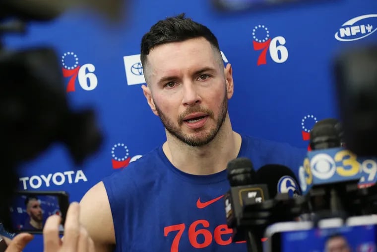 The Sixers' JJ Redick speaks to reporters during practice at the Sixers Training Complex in Camden, N.J., on Thursday, April 25, 2019. Redick is now head coach of the Los Angeles Lakers.