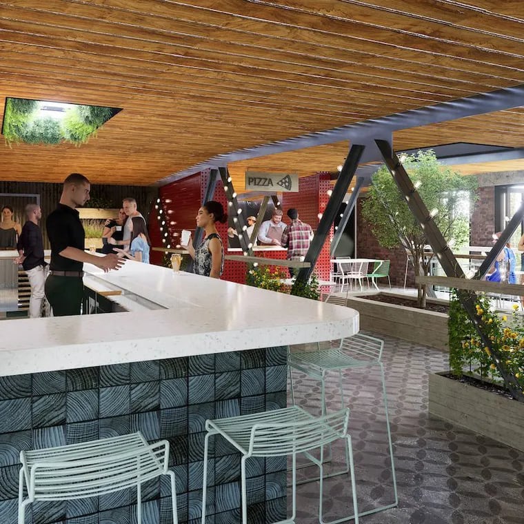 A rendering of Source Brewing's rooftop terrace, which will feature brick oven pizza, games, skylights, and sliding glass windows. Owners are eyeing a February 2025 grand opening for the Manayunk location.