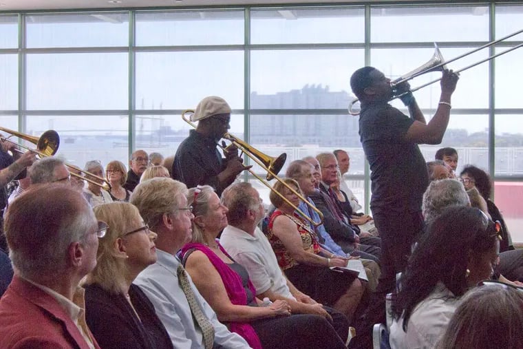 The New Sounds Brass Band performed at a tribute to Tony Auth held at the Independence Seaport Museum in Philadelphia, Sept. 28, 2014. Mummer Daniel Gold cofounded the band to perform in and diversify the Mummers Parade.