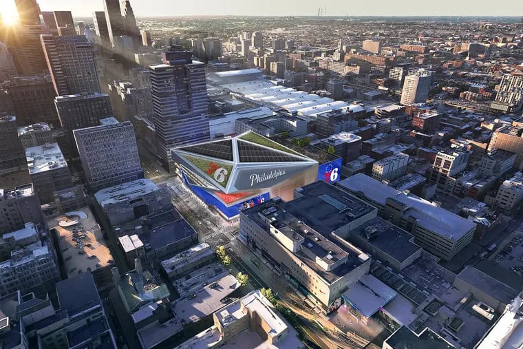 An illustration of the Sixers plan for a new arena in the Market East section of Center City.
