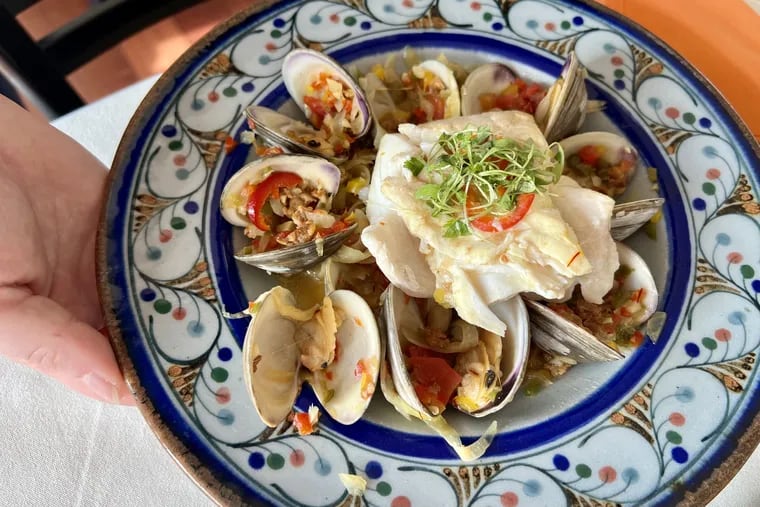 Steamed halibut with chorizo and clams, a weekend special at La Baja in Ambler.