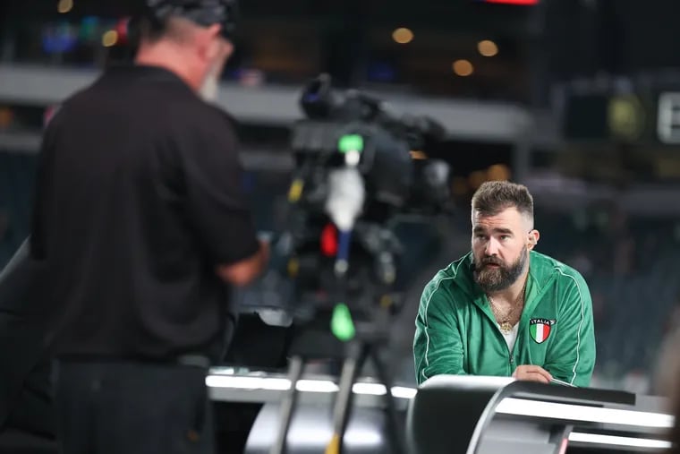 Jason Kelce, decked out in a "South Philly tuxedo," was the center of ESPN's "Monday Night Football" broadcast much of the night.