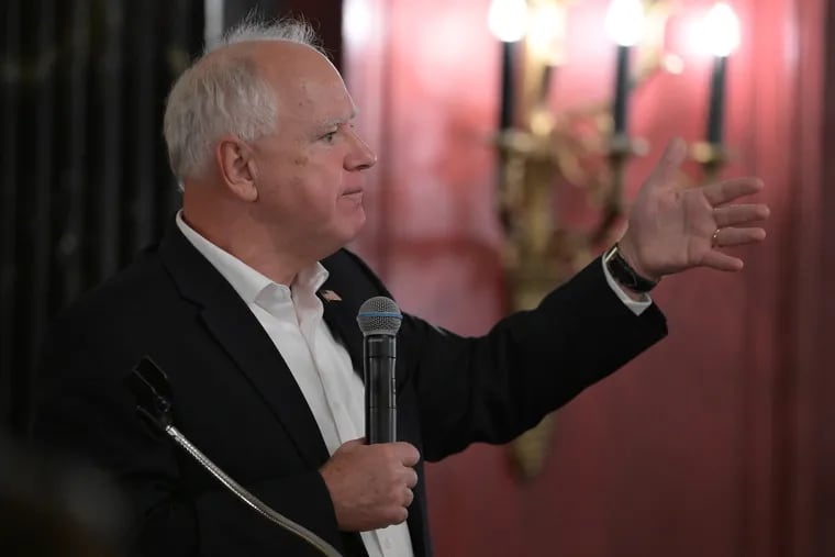 Democratic vice presidential nominee Tim Walz speaks during an unexpected appearance at the 2024 DNC Pennsylvania delegate breakfast on Monday in Chicago.